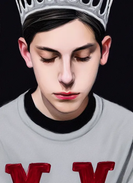 Image similar to portrait of teenage jughead jones wearing a light grey crown, photorealistic, crown, eyes closed, crown, black hair, sweater with letter s on it, letter s, intricate, elegant, glowing lights, highly detailed, digital painting, artstation, concept art, smooth, sharp focus, illustration, art by wlop, mars ravelo and greg rutkowski