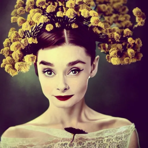 Prompt: fine art photo of audrey hepburn, she has a crown of dried flowers, by oleg oprisco