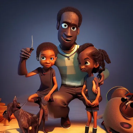 Image similar to stunning, coherent, impressive, still of black family, follow shot, 3d, in the style of pixar, comic book style, 3d, highly detailed, 16k resolution, octane renderer, coherent, cinematic lighting