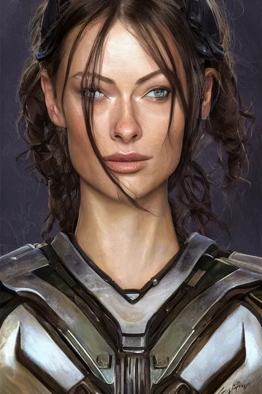 Image similar to a professional painting of a young Olivia Wilde, clothes in military armor, olive skin, long dark hair, beautiful bone structure, symmetrical facial features, intricate, elegant, digital painting, concept art, smooth, sharp focus, illustration, from StarCraft by Ruan Jia and Mandy Jurgens and Artgerm and William-Adolphe Bouguerea