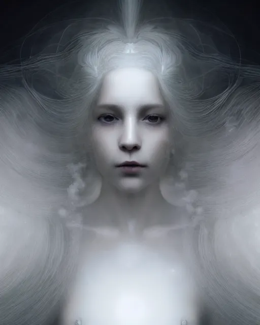 Image similar to delicate, dreamy, feminine, subsurface scattering, white, young beautiful robot - cyborg in cosmos long white hair floating in air, fluid smoke art, black and white, octane render, dino valls, mark ryden, joe fenton, michal karcz, highly detailed, rim light, art, cinematic lighting, very coherent, hyper realism, 8 k