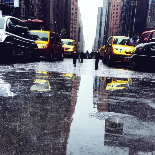 Prompt: futuristic New York City rainy, puddles, reflections