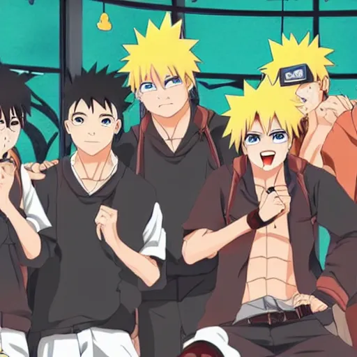 Image similar to a group of guys, named lampova hanging out in pub in the style of the anime naruto