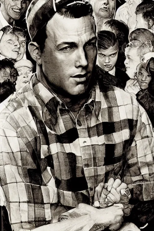 Image similar to san ben affleck wearing checkered shirt and white cap, poster, by norman rockwell