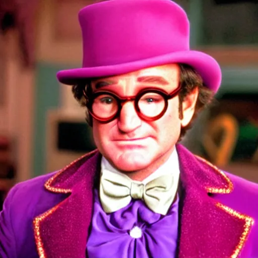 Image similar to stunning awe inspiring robin williams as willy wonka, movie still 8 k hdr atmospheric lighting