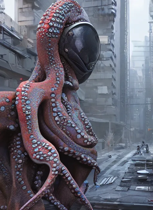 Image similar to hyperrealism, detailed textures, photorealistic 3 d cyberpunk octopus in apocalyptic city, futuristic clothing and helmet, ultra realistic, cinematic, intricate, cinematic light, unreal engine 8 k, octane render, unreal engine