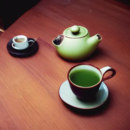 Image similar to impressonism nostalgic photograph of a teapot on a wooden table next to a cup of matcha tea, portra 800