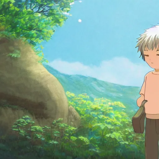 Image similar to friendly guy and small creature , with Fragile looking character portrait face in Ghibli artstyle highly detailed art, beautiful scene, sharp focus, smooth, 8k, anime art