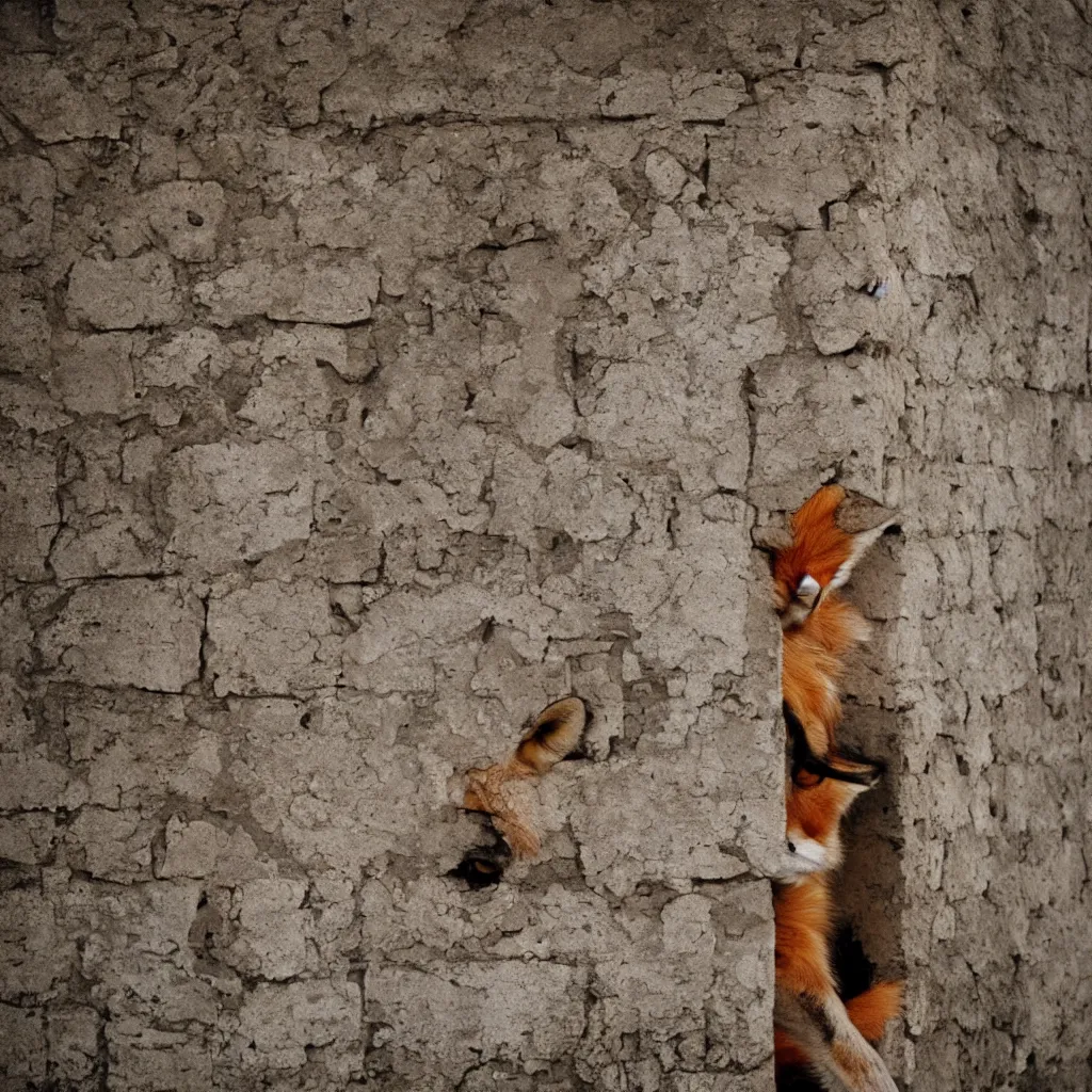 Prompt: An anthro fox man with bloodshot eyes hiding behind a wall, 35mm