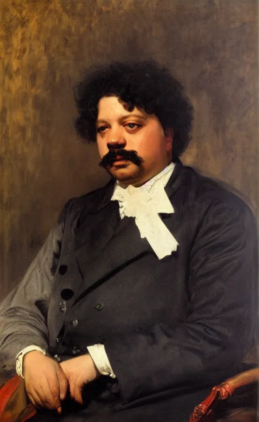 Prompt: Portrait of Alexandre Dumas, oil on canvas, highly detailed, high contrast, by Franz Xaver Winterhalter, Henry Ossawa Tanner, 8k