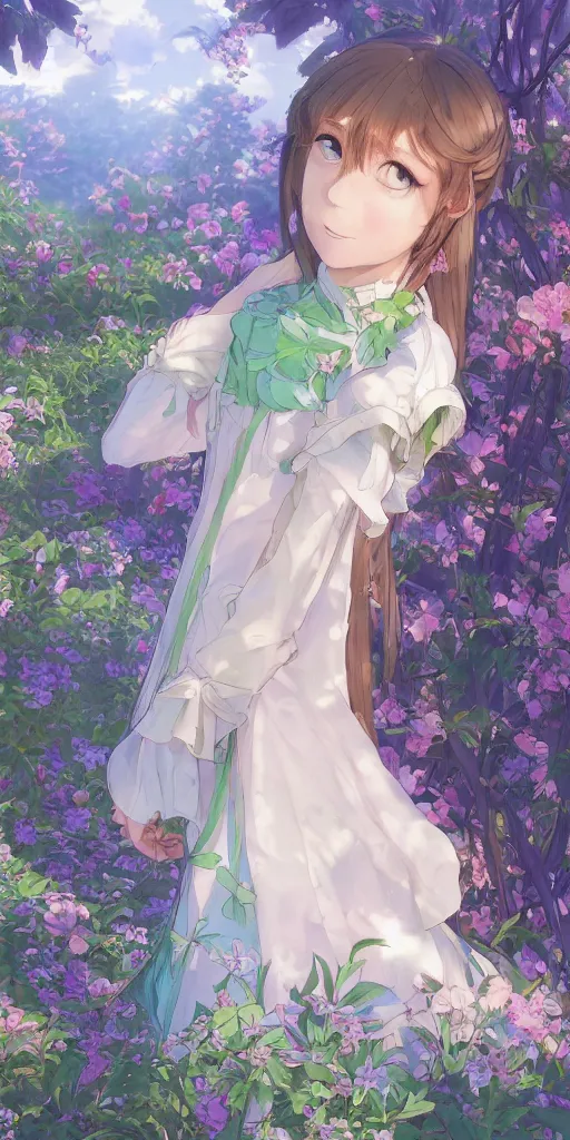 Image similar to a digital art of a loli with long hair in a dress in the privet garden at after noon, green and blue and warm theme, back lighting, highly detailed, 4 k resolution, trending on art station, elegant, depressed, melancholic, by krenz cushart and mucha and akihito yoshida and greg rutkowski and makoto shinkai