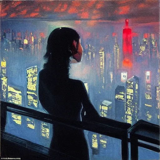 Image similar to “ a girl looking down at a futuristic new york city below, cyberpunk, detailed face, wearing red dress, oil painting, by george bellows ”