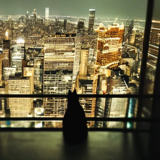 Prompt: a still of a cat in a suit looking out at a city skyline, cinematic,