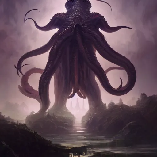 Image similar to gigantic cthulhu, small village for size comparison, dramatic light, painted by stanley lau, painted by greg rutkowski, painted by stanley artgerm, digital art, trending on artstation