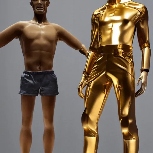 Image similar to a realistic detailed photo of a guy who is an attractive humanoid who is half robot and half humanoid, who is a male android, attractive and handsome soccer players, shiny skin, posing like a statue, blank stare, in a factory, on display, showing off his muscles, gold soccer shorts, side view, looking at each other mindlessly