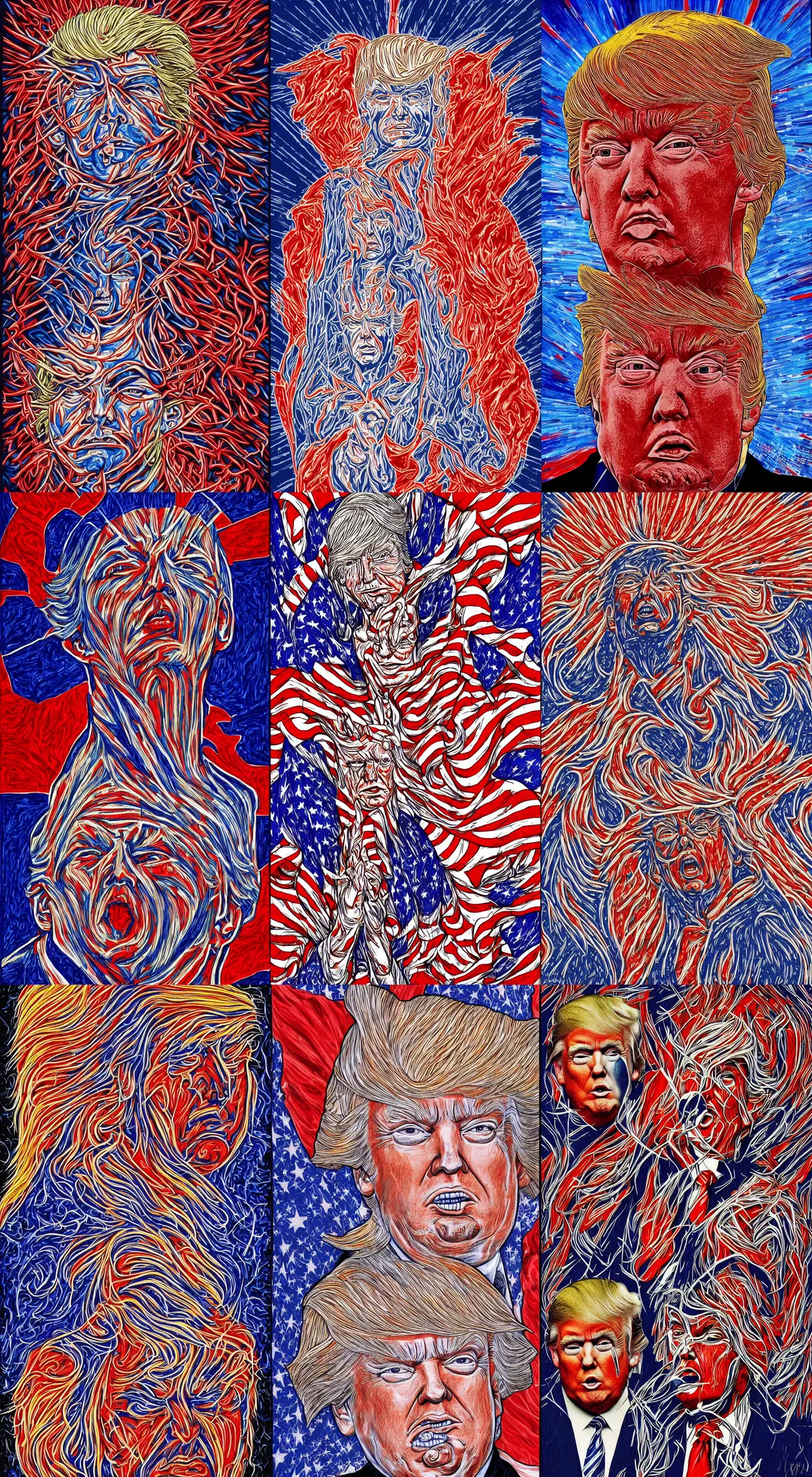 Image similar to donald trump american patriot apotheosis in the style of alex grey