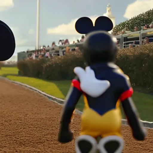 Image similar to establishing shot of Mickey mouse riding a horse in the grand national, hd