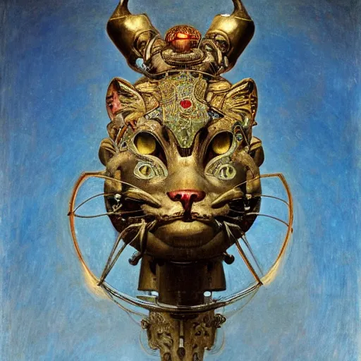 Image similar to masterpiece sculpture of an ornate bejeweled mechanical cat head, by annie swynnerton and diego rivera and nicholas roerich and jean delville, symbolist, dramatic lighting, god rays, elaborate geometric ornament, art brut, rich colors, smooth, sharp focus, extremely detailed, adolf wolfli and ( donato giancola )