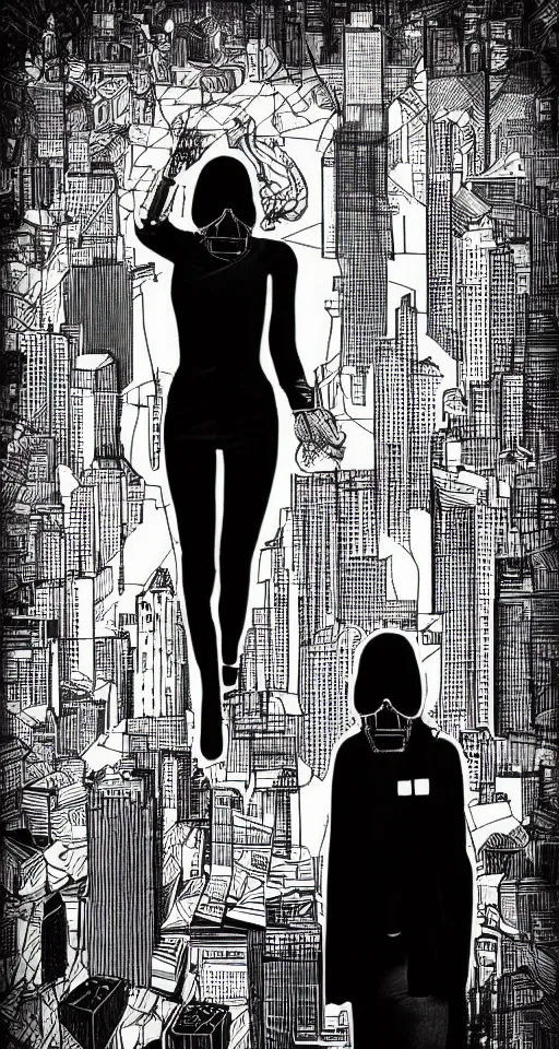 Prompt: cypherpunk full body fashion illustration of the void, camera face, black and white, city street background with high tall buildings, central park, diane arbus, abstract portrait highly detailed, finely detailed
