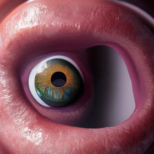 Prompt: headshot portrait of person with hyperrealistic human eye inside mouth, closeup, macro shot, hyperrealistic, extreme detail, ray tracing, octane render