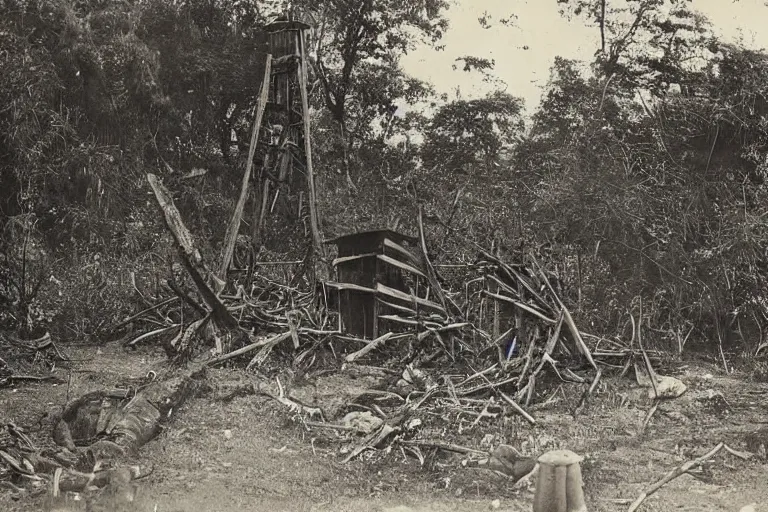 Prompt: a 1 9 0 5 colonial closeup photograph of a wooden moon rocket in a village at the river bank of congo, thick jungle, scary, evil looking, wide angle shot