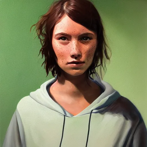 Image similar to woman with freckles, 1 8 0 pounds, short brown hair, green eyes, wearing a grey hooded sweatshirt, trending on artstation, oil painting, volumetric light