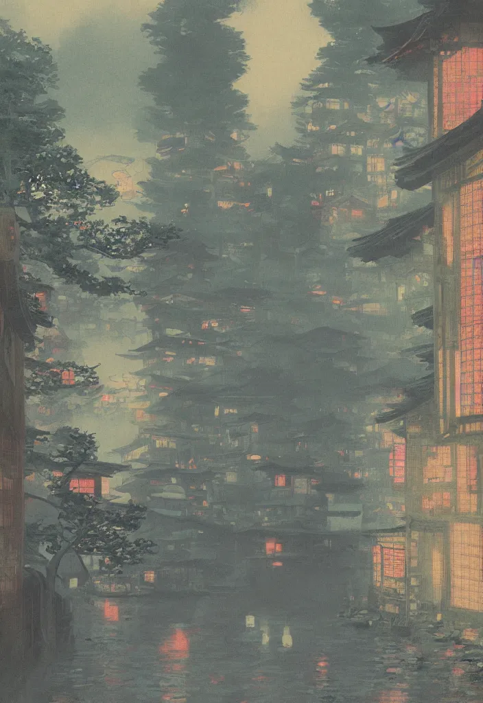 Image similar to a beautiful japanese city in the mountain, amazing ryokans and gorgeous edo era houses, yokai all around, epic cyberpunk, lofi vibe, colorful, vivide colors, amazing light, light beams with dust, really mesmerizing nature, by jeremy lipkin, by claude monet, by makoto shinkai, kandinsky touches, inspired by ghibli, masterpiece, beautiful