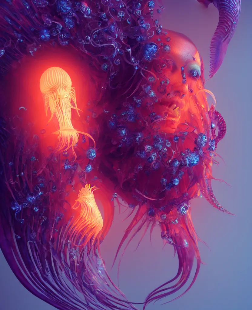 Image similar to goddess close-up portrait. orchid jellyfish phoenix head, nautilus, skull, betta fish, bioluminiscent creatures, intricate artwork by Tooth Wu and wlop and beeple. octane render, trending on artstation, greg rutkowski very coherent symmetrical artwork. cinematic, hyper realism, high detail, octane render, 8k