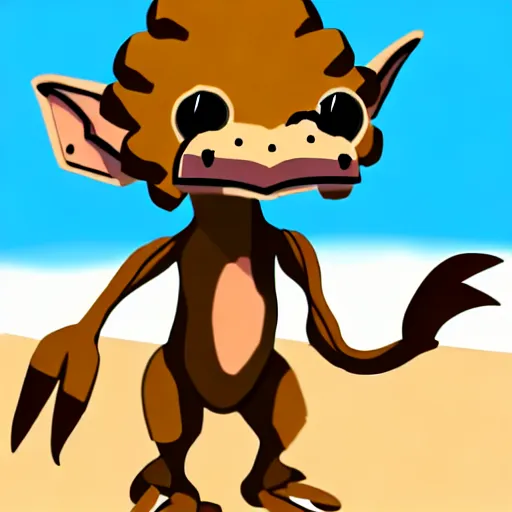 Image similar to Cute Kobold wearing caveman clothes at a beach, digital art