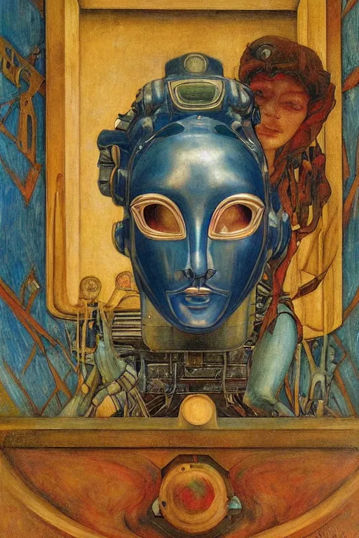 Image similar to the queen in her robot mask stands by the window at midnight , by Annie Swynnerton and Diego Rivera and Elihu Vedder, symbolist, dramatic lighting, elaborate geometric ornament, Art Brut, soft blues and greens,smooth, sharp focus, extremely detailed, Adolf Wölfli and Evelyn De Morgan