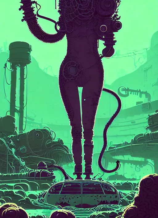 Image similar to highly detailed portrait of a lonely wasteland punk long dripping curly brown nuclear hair tribal lady, stray green slime hoses by atey ghailan, james gilleard, by joe fenton, by greg rutkowski, by greg tocchini, by kaethe butcher, 4 k resolution, gradient purple, brown black and white color scheme!!! ( ( green flaming robotic sewer background ) )