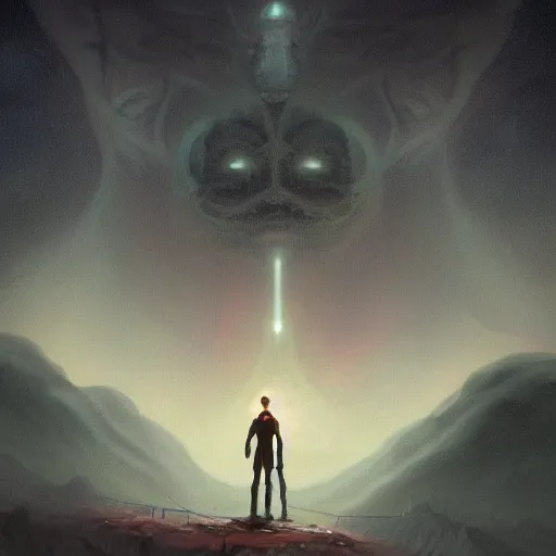 Image similar to a digital painting of a gigantic big enormous humanoid monster standing in the sky, concept art by simon stalenhag and peter mohrbacher cgsociety, vanitas, ominous, lovecraftian, speedpainting, apocalypse art. mist. hyper - realistic. photo realistic. octane render. intricate detailed masterpiece. extreme wide shot. realistic shaded dynamic lighting