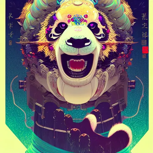 Image similar to a beautiful hyperdetailed character design 4 k wallpaper illustration of a cute panda with a chinese lion dance head victo ngai cyberpunk style, from china, style of studio ghibli, makoto shinkai, raphael lacoste, louis comfort tiffany, artgerm, james jean, ross tran, chinese style