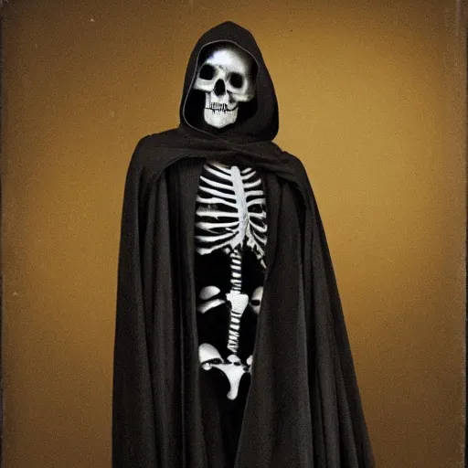 Prompt: a skeleton in black cloak