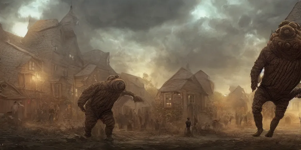 Image similar to Intricate detailed illustration, A giant human tardigrade hybrid attacking a 1940s village, cinematic lighting, by Philip Hood, wide angle, volumetric light scattering, 8k, artstation, concept art,