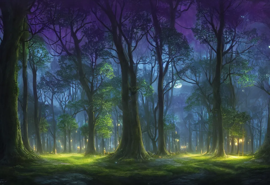 Prompt: Lothlorien at night, very dark sky with green lights, blue lights and purple lights, elven forest town with houses up in the trees, oil painting, dramatic lighting, Jakub Kasper, Makoto Shinkai, hyperrealistic, cinematic, elegant, intricate