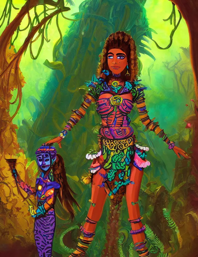 Prompt: aztec scifi princess of the fungus rainforest, wearing a lovely dress. this oil painting by the beloved children's comic artist has an interesting color scheme and impeccable lighting.