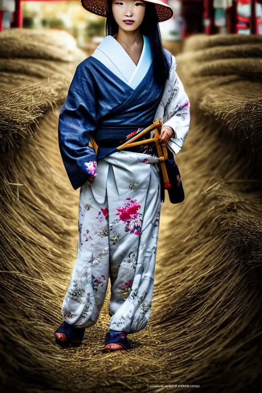 Image similar to japanesse farmer, cinematic view, bokeh, extreme detailed, hyperrealism, vogue photo style, proffesional photographer style, proportional, dynamic composition, face features, comfort posse, smooth, sharp focus, body features, ultra realistic, award winning photo, captured by nikon d 8 5 0, 4 5. 7 mp lens, 4 k, full body.