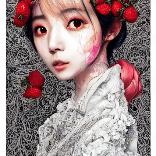 Image similar to the portrait of an absurdly beautiful, graceful, elegant, sophisticated, fashionable young kpop idol made of strawberries and white petals, an ultrafine hyperdetailed illustration by kim jung gi, irakli nadar, intricate linework, bright colors, octopath traveler, final fantasy, unreal engine 5 highly rendered, global illumination, radiant light, detailed and intricate environment