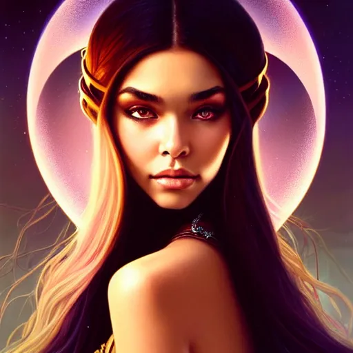 Image similar to madison beer as a fantasy magic woman portrait, sci - fi, amber eyes, face, long hair, fantasy, intricate, elegant, highly detailed, digital painting, artstation, concept art, smooth, sharp focus, illustration, art by artgerm and greg rutkowski and alphonse mucha
