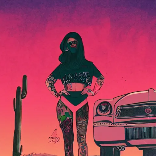 Image similar to a colorfully detailed comic noir style illustration of a tattooed woman posing next to a pink Cadillac in a post-apocalyptic desert by queens of the stone age and sachin teng, dark vibes, street art, cinematic, high contrast, depth of field