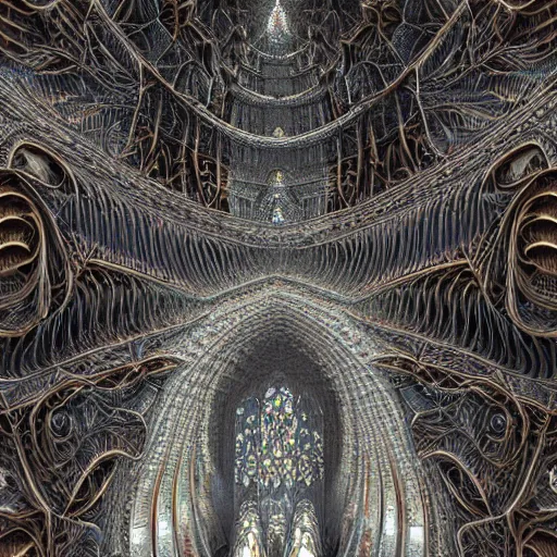 Image similar to a hyperrealistic 3 d render of a delicate ivory sculpture of an ornate detailed cathedral populated by mandelbrot fractals by android jones, micro detail, unreal engine, volumetric lighting, dramatic lighting, psychedelic, octane renderer, catholicpunk, glowing, white color scheme, photorealistic, physically based rendering, angelic, colorful, carved soap, trending on cgsociety