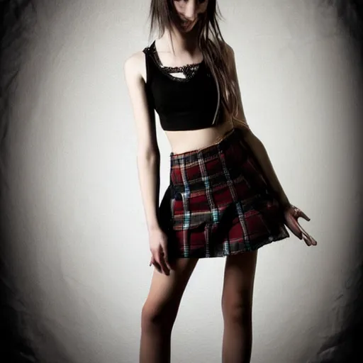 Image similar to gothic teen girl in plaid mini skirt and crop top, intricate, extremely detailed, modeling photography, 8 0 mm camera, dramatic lighting, dark room