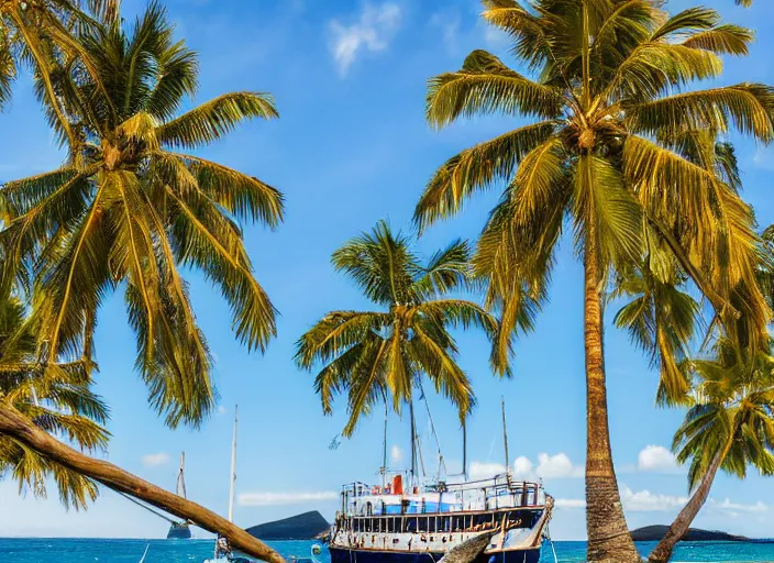 Image similar to photo of the hms bounty ship, full view, in a tranquil beautiful island cove with palm trees, a volcano smoking