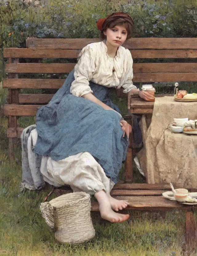 Prompt: portrait of peasant girl sitting on a bench and drinking milk, cottage core, cinematic focus, polaroid photo bleached vintage pastel colors high - key lighting, soft lights, foggy, by steve hanks, by lisa yuskavage, by serov valentin, by tarkovsky, 8 k render, detailed, oil on canvas