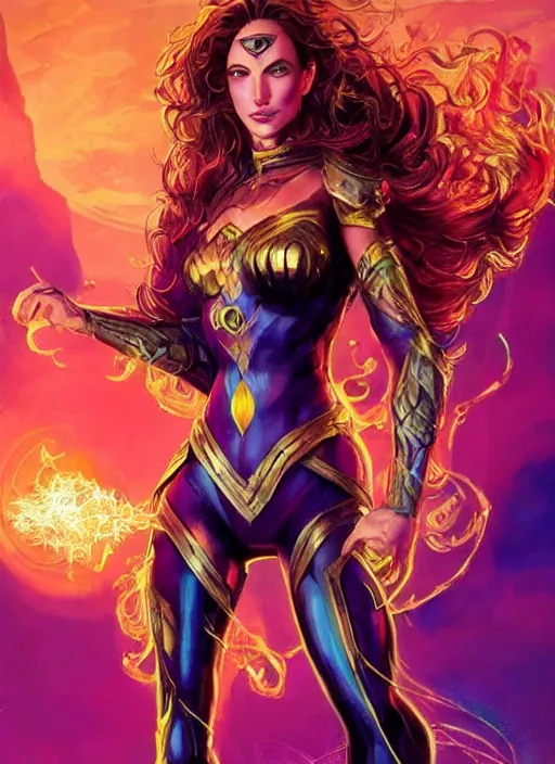 Image similar to front portrait hands behind body pose of attractive Gal Gadot as Starfire with ginger wavy hair, hands behind her body pose!, Intricate overlay flames imagery , D&D!, fantasy style, sharp focus!, ultra detailed, art by Artgerm and Peter Andrew Jones, WLUP