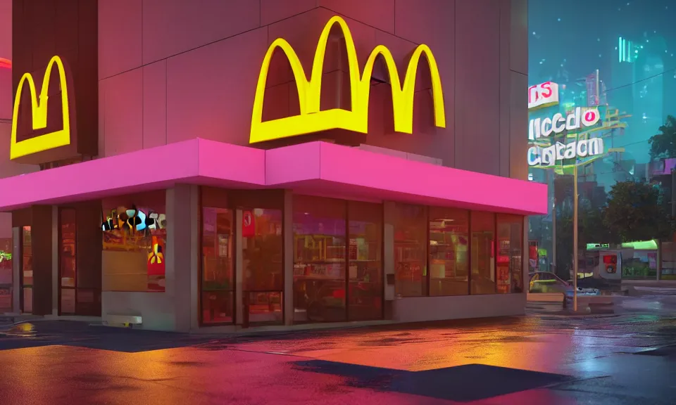 Image similar to exterior shot of a mcdonalds in a cyberpunk city, at night, neon lights, light bloom, octane render, rainy, reflections