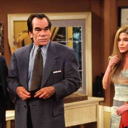 Prompt: Tommy Lee Jones as the new boss of Rachel in Friends