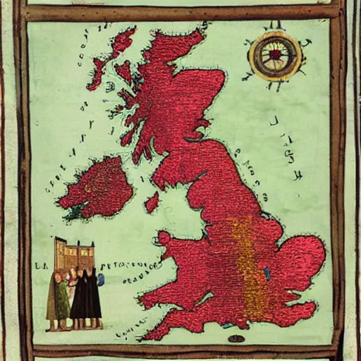 Prompt: a map of great britain in the style of a medieval painting