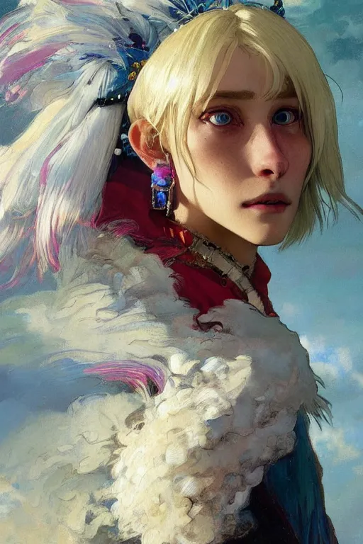 Image similar to close-up Howl from Howl's Moving Castle with white hair, pearl earrings, colourful clothes, fantasy, portrait, highly detailed, digital painting, artstation, concept art, sharp focus, illustration, art by greg rutkowski and alphonse mucha, oil painting by John Ward, by Arthur Walker, by Vermeer,